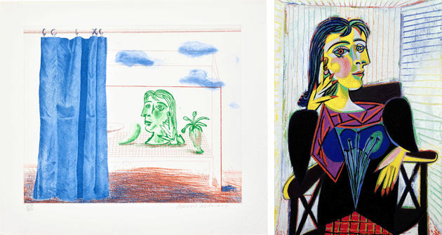 David Hockney, What Is This Picasso?, plate 19 from The Blue Guitar, 1977. Pablo Picasso, Portrait of Dora Maar, 1937.
